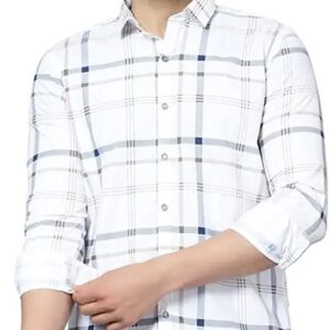 "White Check Black Full Sleeve Curved Hem Men's Shirt Slim Fit from PLOTAH"