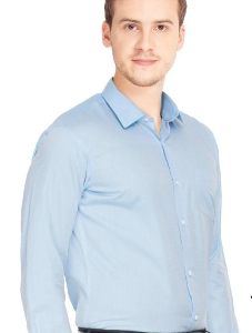 A fashionable mid-blue plain shirt with a curved hem, expertly crafted from premium quality fabric. This stylish shirt exudes sophistication and offers a sleek and modern look for any occasion.